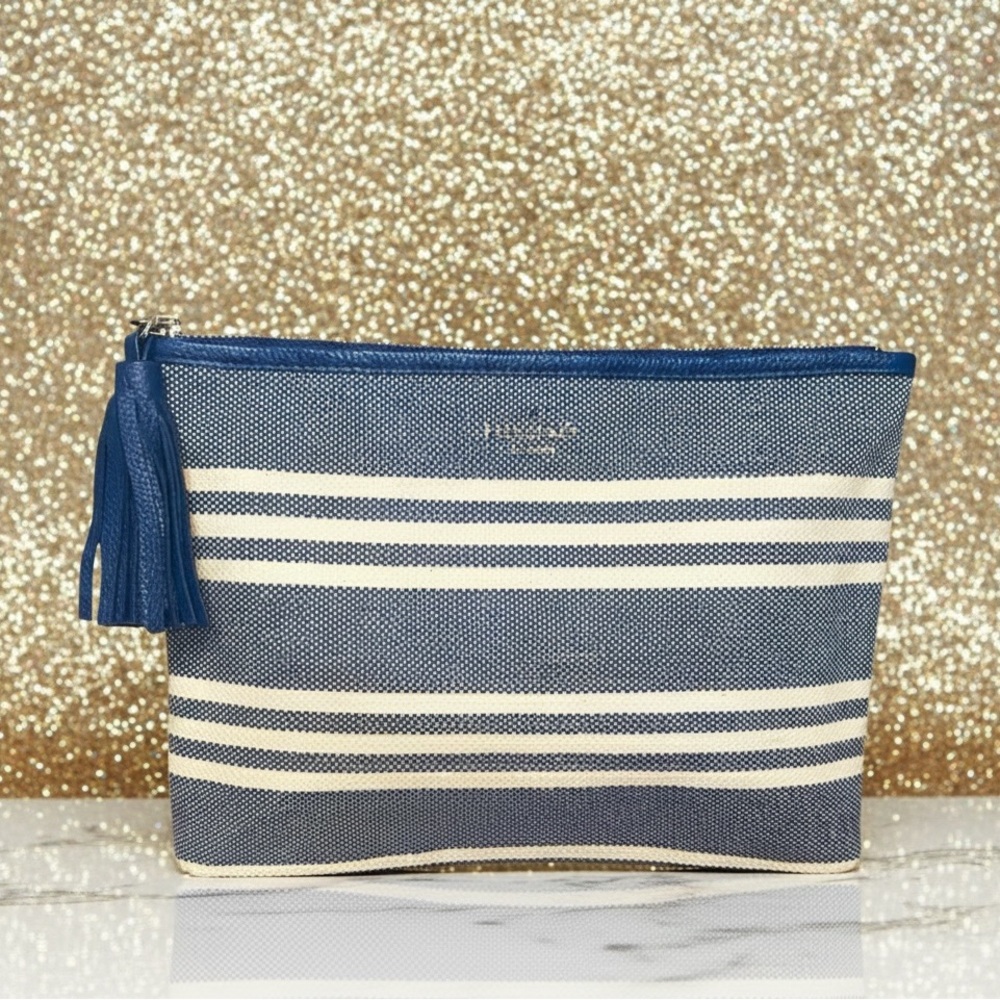 Kate Spade Blue and Cream Striped Clutch with Tassel